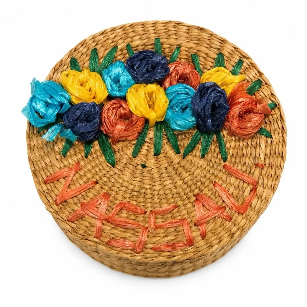 Vintage Style Handwoven Round Basket w/ Lid Colorful Raffia Floral Embroidery